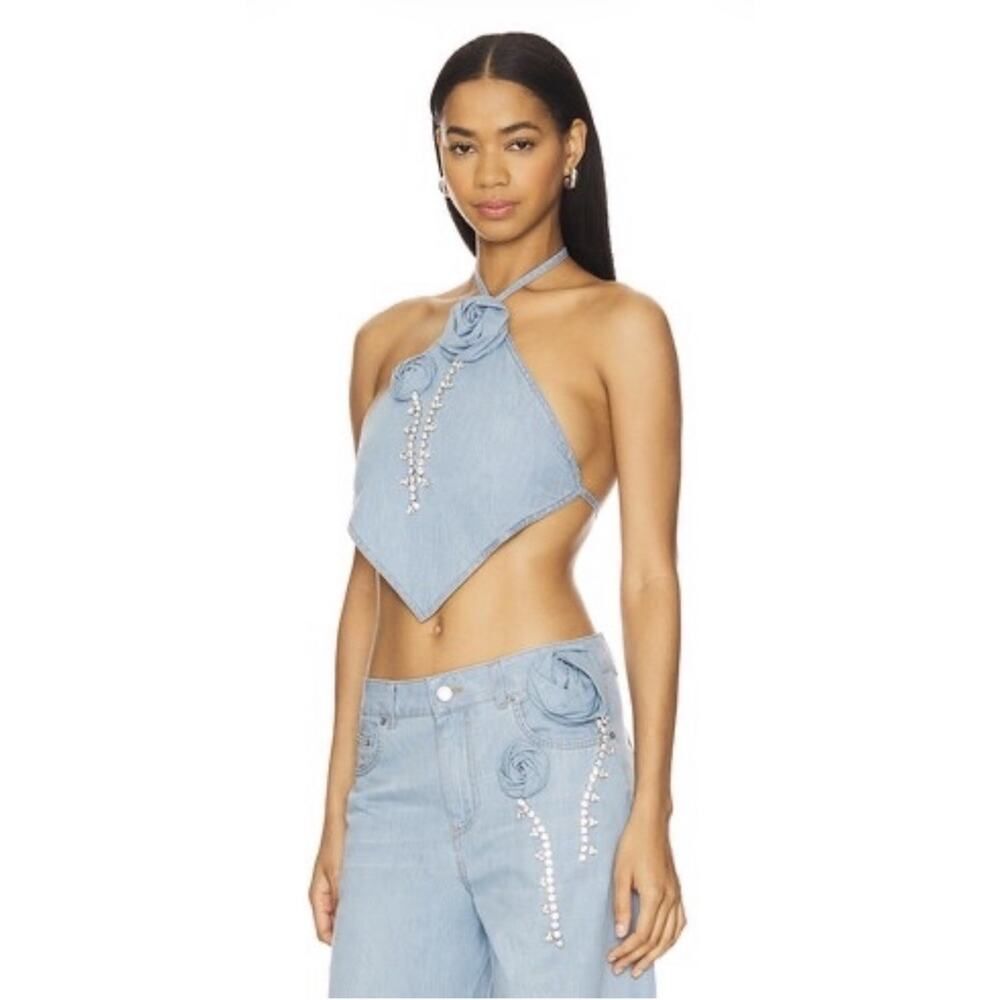 AREA Floral Appliqué Denim Halter Top Super Light Blue Medium 100% Cotton - Picture 3 of 12